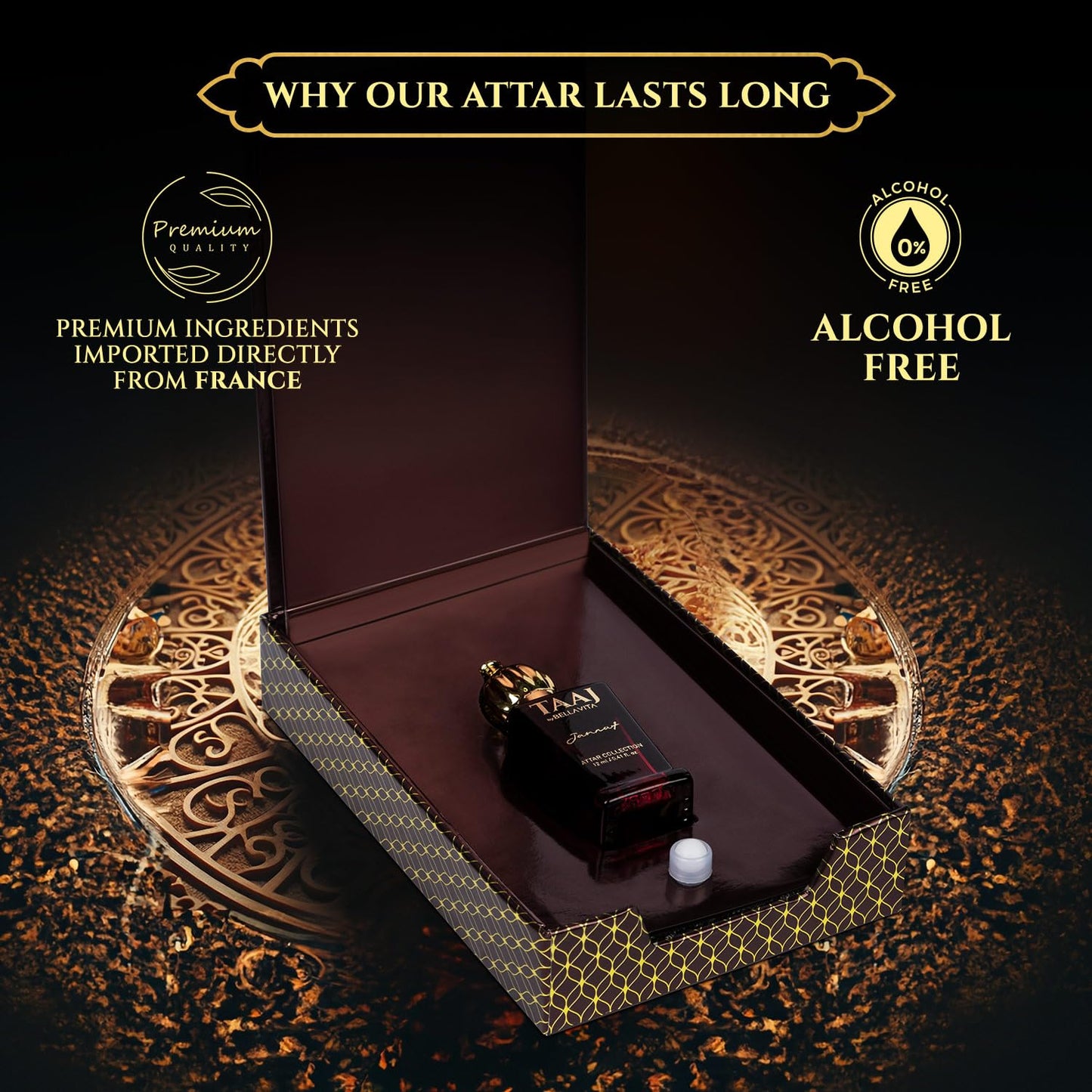 Perfume bottle in an open box with decorative elements and text about product features on a dark background.