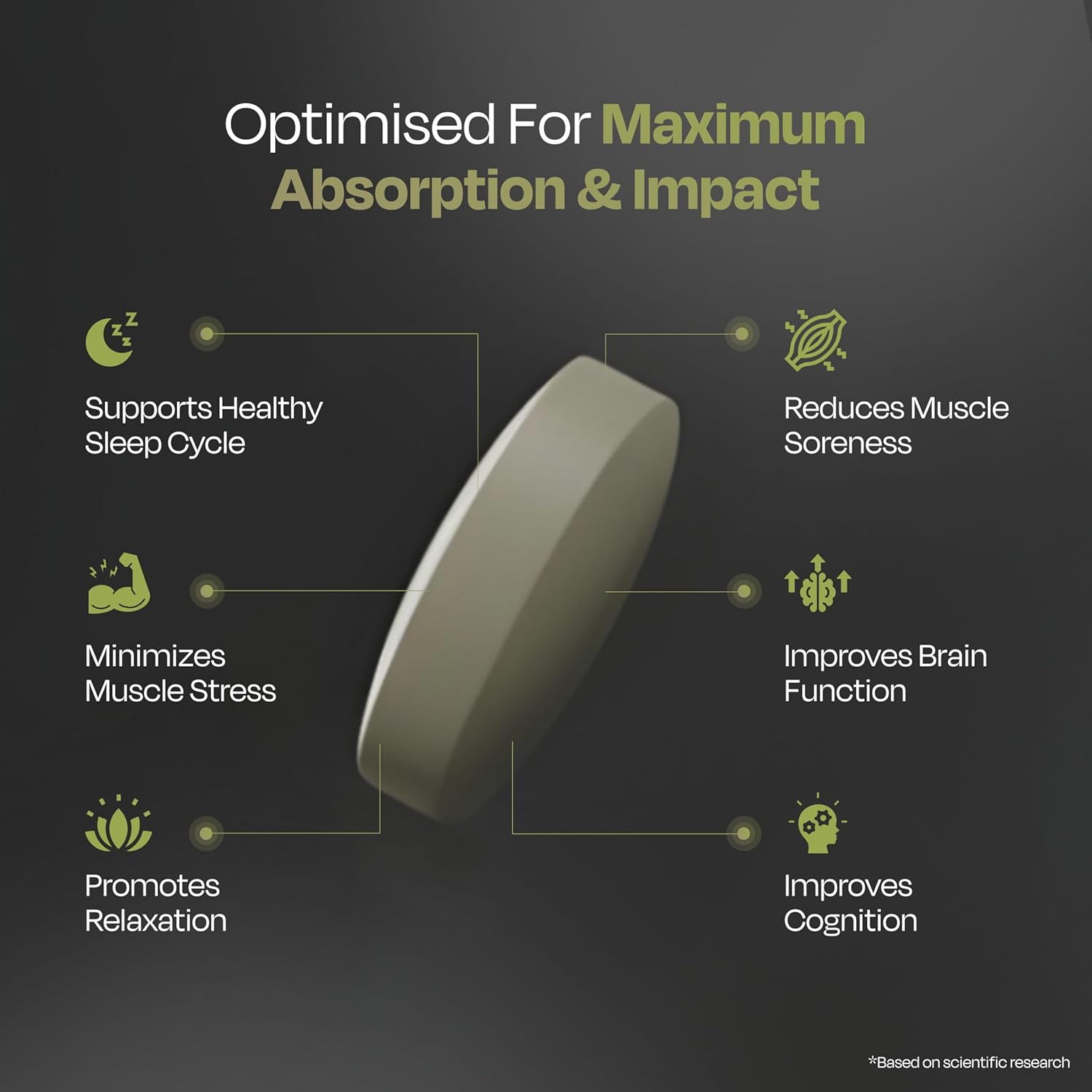 Pill with health benefits listed on a dark background