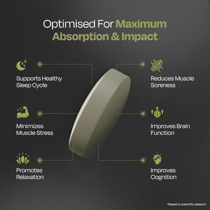 Pill with health benefits listed on a dark background
