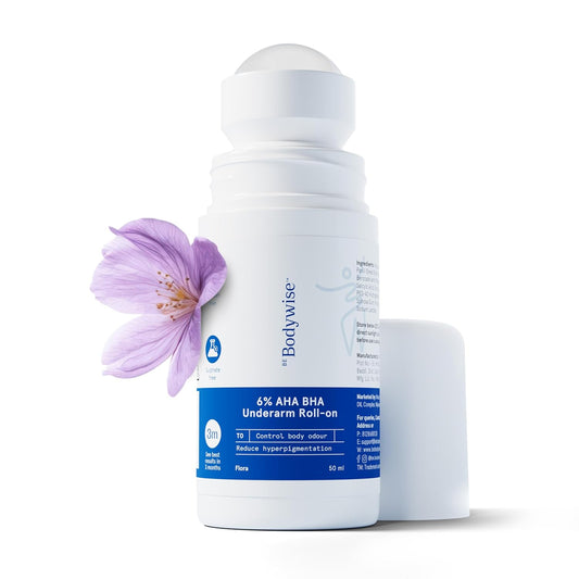 Be Bodywise 6% AHA BHA Underarm Roll On Deodorant,Flora Fragrance,1% Mandelic, 4% Lactic,1% Salicylic & Kojic Acid, Prevents Body Odour,Fades Pigmentation & Brightens,Kills Bacteria, Alcohol & Aluminum Free, 50ml