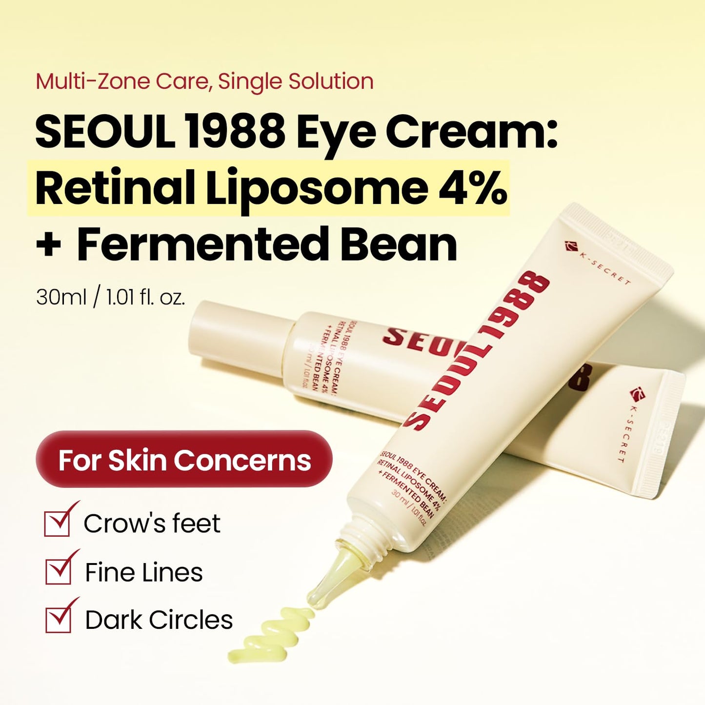K-SECRET SEOUL 1988 Eye Cream : Retinal Liposome 4% + Fermented Bean, wrinkle care, anti-aging, skin elasticity, pigmentation, brightening, retinol, 30ml/1.01 fl.oz.