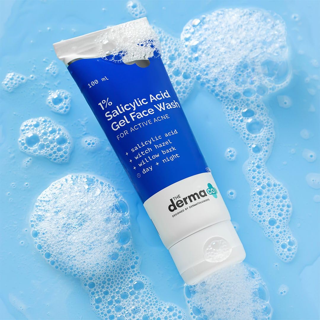 Tube of derma e Salicylic Acid Gel Face Wash on a blue background with bubbles