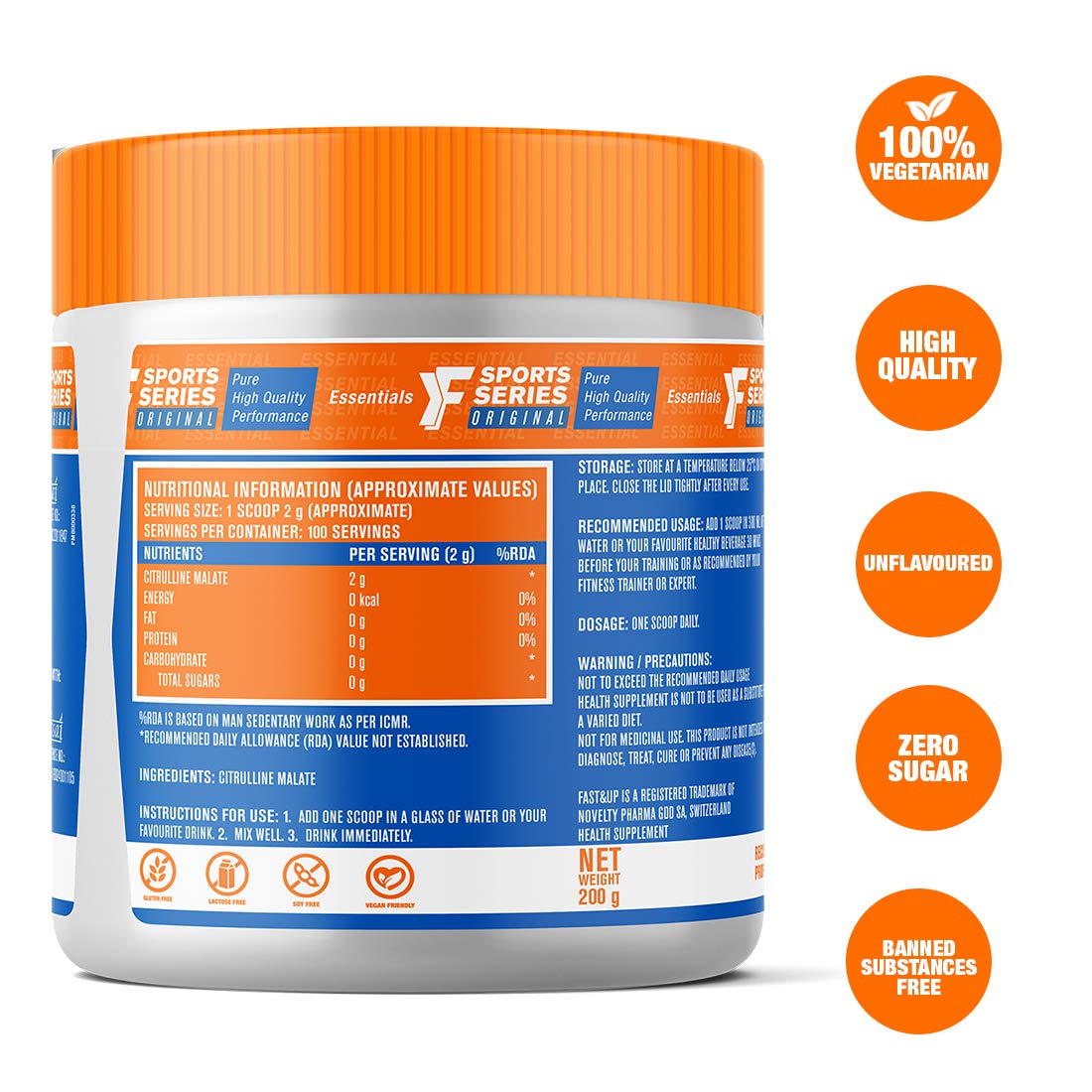 Fast&Up Citrulline (100 Servings) Citrulline Malate to Enhance Muscle Pump, Sustain Longer Workouts & Boost Recovery (Unflavored,Pack of 200 gm Powder)