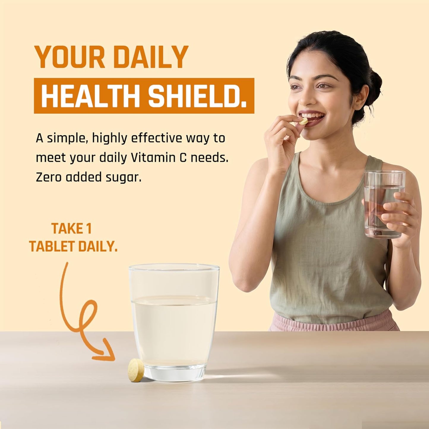 Woman eating a supplement and holding a glass of water with text about daily health shield and vitamin C.