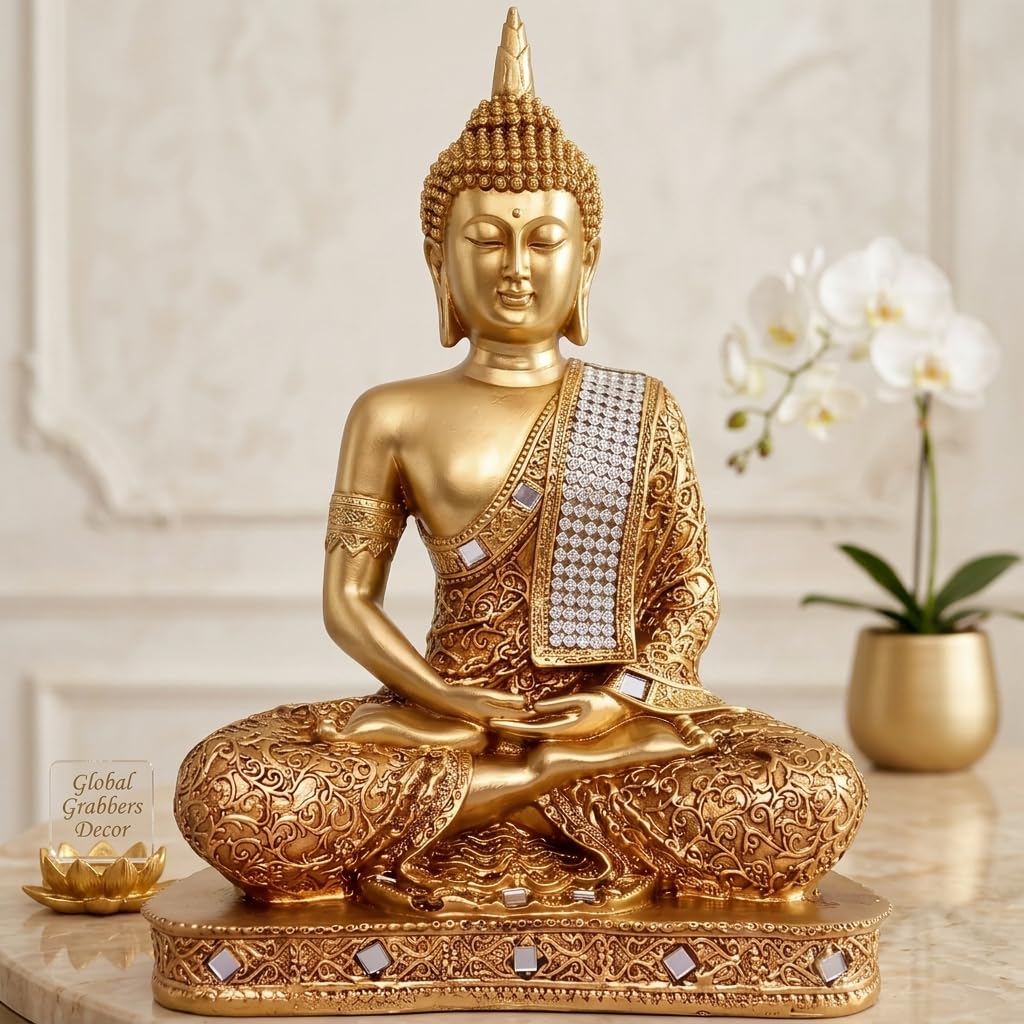 Global Grabbers New 25 Centimetre Meditating Sitting Buddha Statue showpiece Idol Home Decor Items for Living Room and Gifts (Golden2)