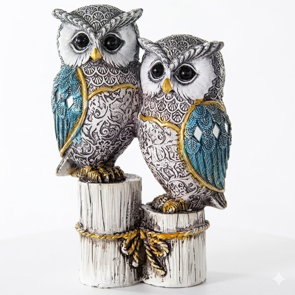 Owl Couple Figurine | Resin | Intricate Pattern Design | Tabletop Showpiece for Home, Office & Bedroom (Blue-White)