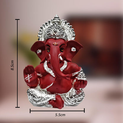 999 Silver Plated Ganesh Idol for Office Desk Puja Room God Ganesha Idol for Home Decor Ganpati for Gift 3.5 inches (8.89 x 5.08 cm) (Mukut Silver red), Religious