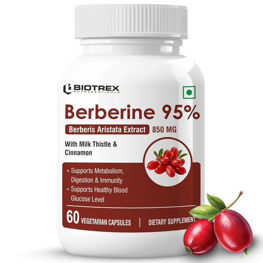 Biotrex Nutraceuticals Berberine HCL 850mg | 95% High Purity | With Milk Thistle & Cinnamon | Maintain Healthy Glucose Levels | Metabolic Support & Digestive Wellness | Lab Tested | 60 Veg Capsules
