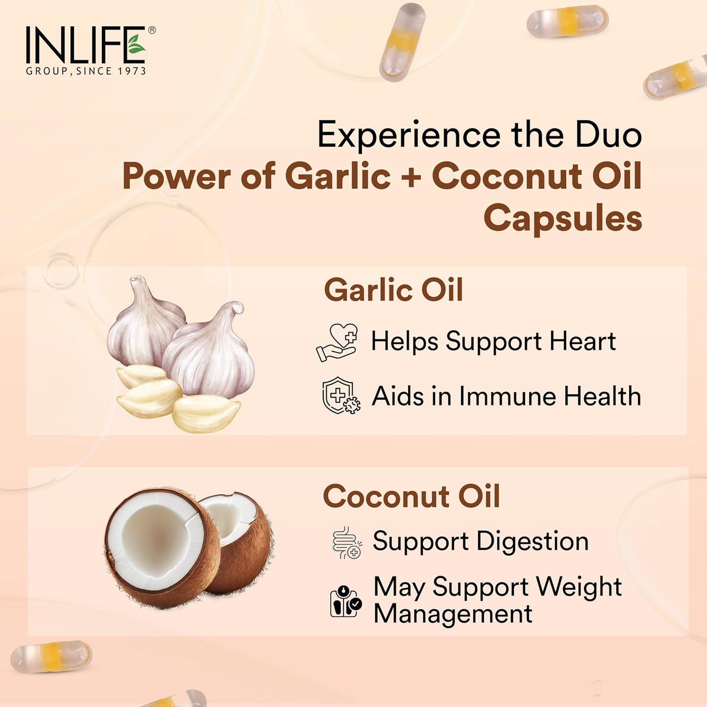 INLIFE Natural Garlic Oil with Coconut Oil Filled Capsules | Extra Virgin Cold Pressed Oil | Helps Support Heart Health, Immunity & Digestion | 60 Vegetarian Capsules