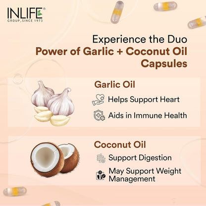 INLIFE Natural Garlic Oil with Coconut Oil Filled Capsules | Extra Virgin Cold Pressed Oil | Helps Support Heart Health, Immunity & Digestion | 60 Vegetarian Capsules