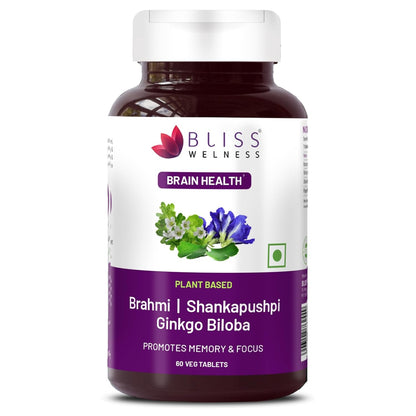 Bliss Welness Brain Booster | Memory, Focus & Concentration Support | Nootropic Supplement for Anxiety Relief & Calmness, Mood Support | Brahmi, Shankpushpi, Ginkgo Biloba & Piperine (1 Month Pack (60 Tablets))