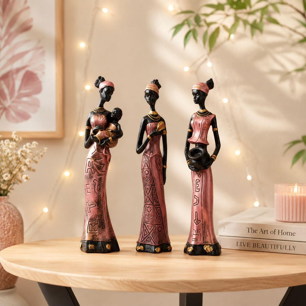 Home Decor African Tribal Women Art Piece (Set of 3, Rose Gold and Black Color)