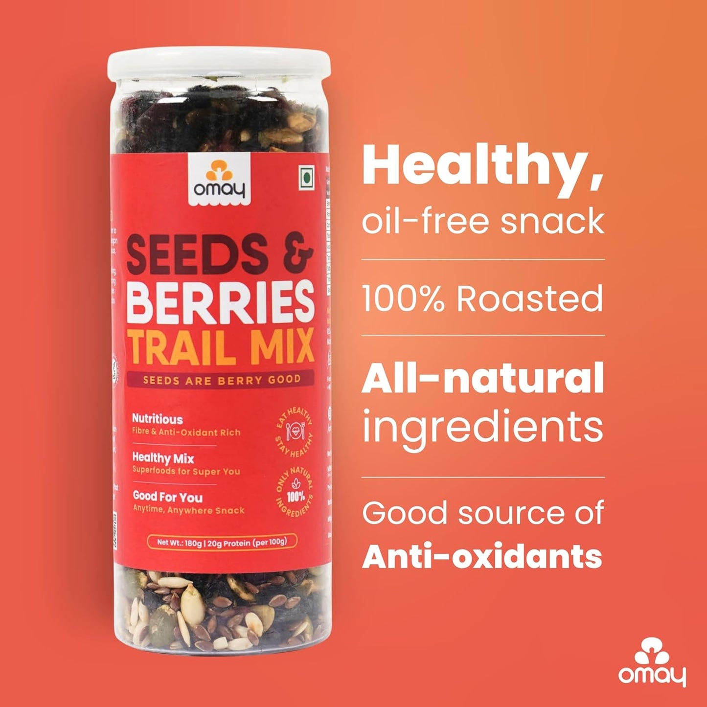 Omay Foods Seeds & Berries Mix, 180g Jar | Trail Mix | Roasted Seeds, Dried Berries | Antioxidants, Omega-3 & Fibre | No Added Sugar | Oil-Free | Healthy Snack for Weight Loss