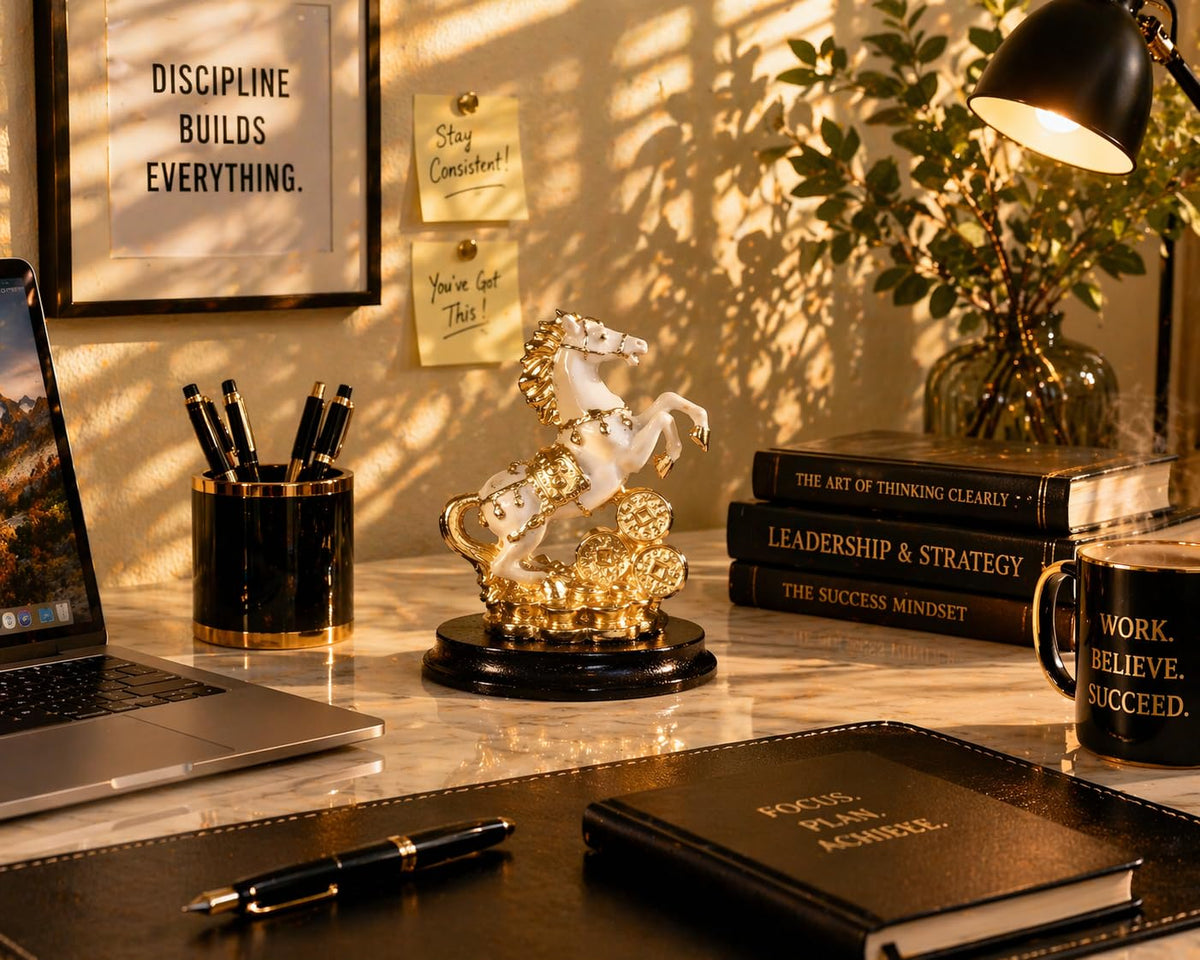 Lucky Horse Showpiece for Home Decor | White & Gold Rearing Horse Figurine with Coins Resin Decorative Statue for Office Desk Living Room Shelf Table Feng Shui Vastu Gift Item