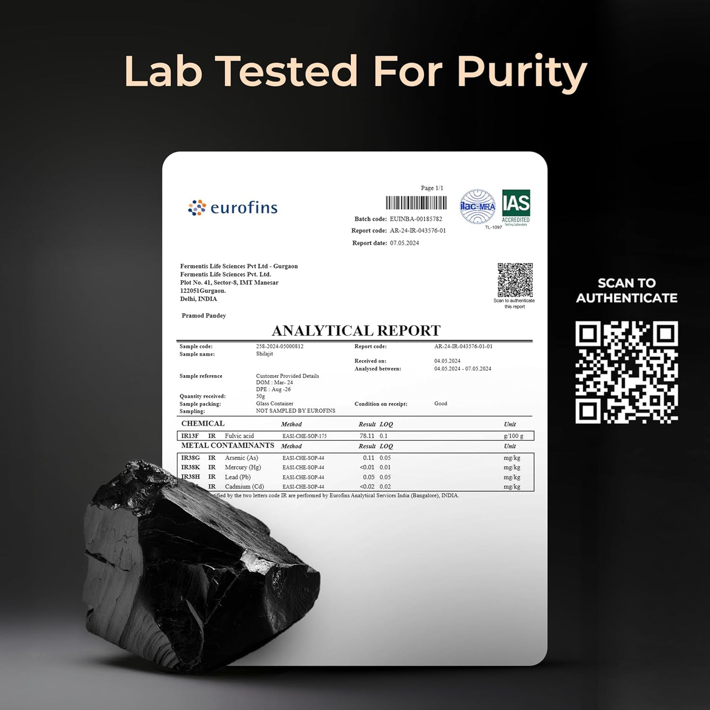 Analytical report with a black crystal on a dark background, featuring Eurofins logo.