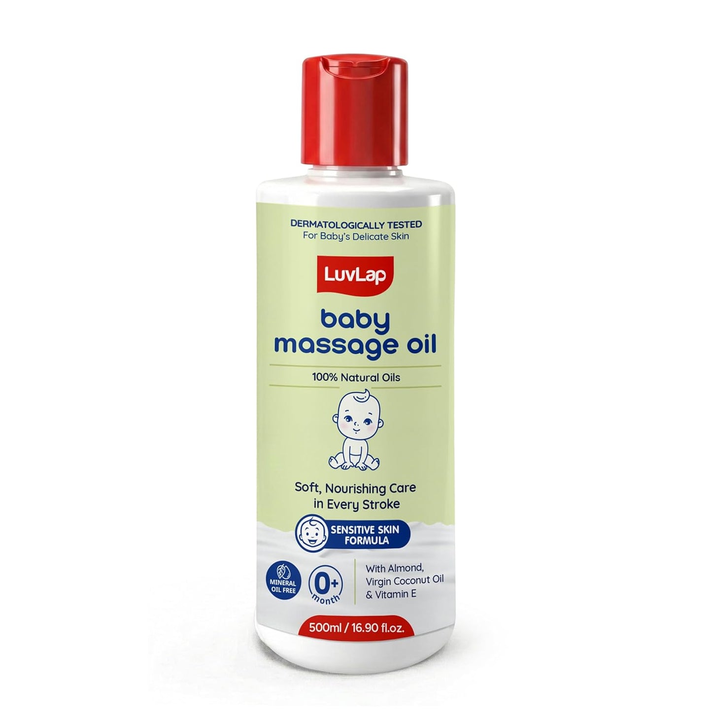 LuvLap Baby Massage Oil with Almond, Virgin Coconut Oil & Vitamin E, Deep Nourishing, Skin Repair & Relaxation, Ayurvedic Non-Sticky Oil for Soft New Born Skin, 100% Natural, Derma Safe, 500ml