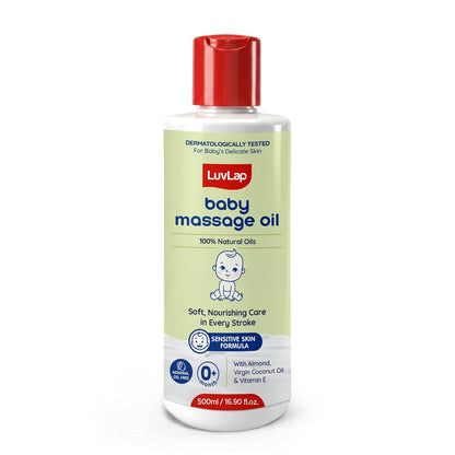LuvLap Baby Massage Oil with Almond, Virgin Coconut Oil & Vitamin E, Deep Nourishing, Skin Repair & Relaxation, Ayurvedic Non-Sticky Oil for Soft New Born Skin, 100% Natural, Derma Safe, 500ml