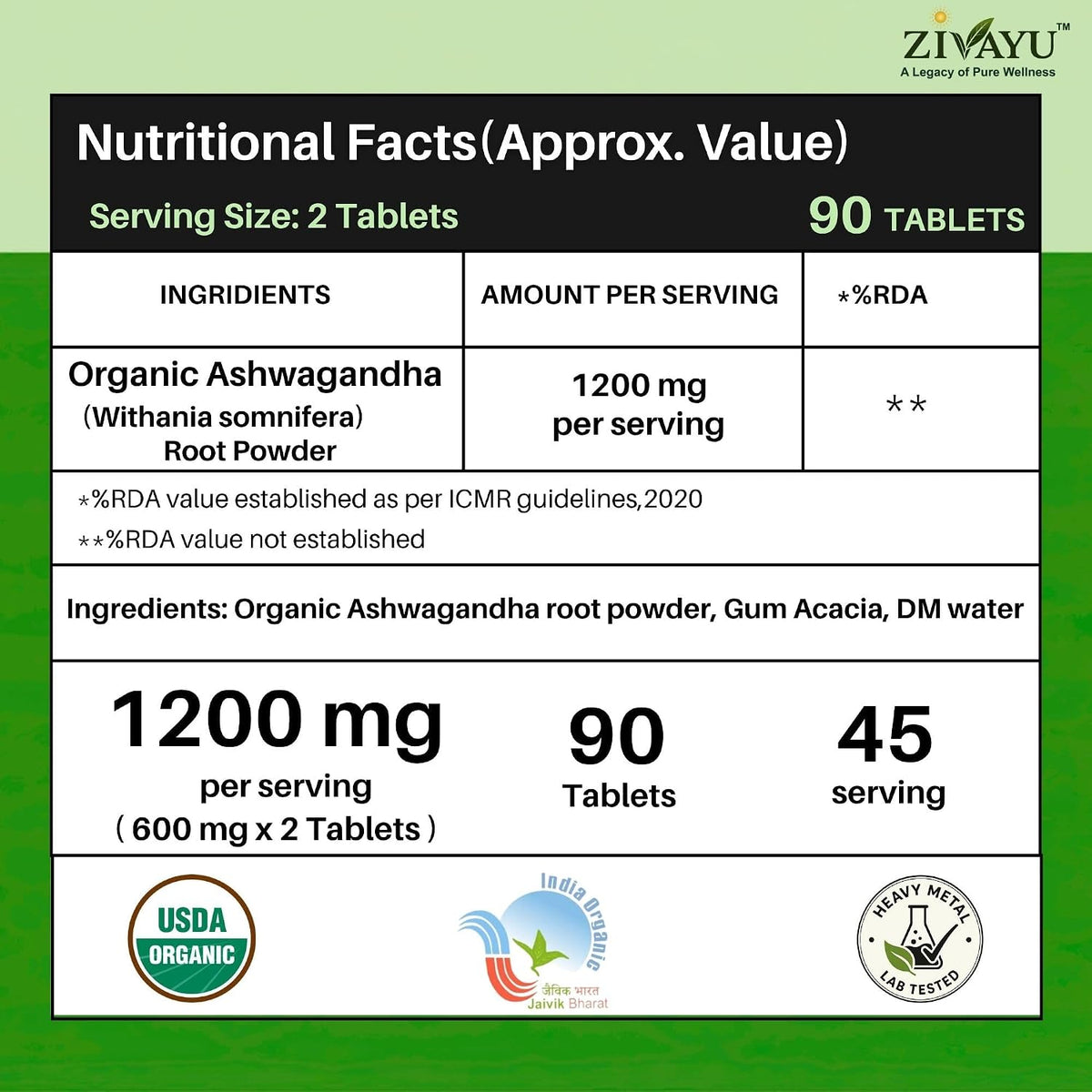 ZIVAYU Organic Ashwagandha Tablets 1200mg (600mg x 2 Per Serving) - Supports Stress & Anxiety Relief, Sleep & Muscle Recovery - USDA & India Organic Certified - Heavy Metal Tested - 90 Tablets