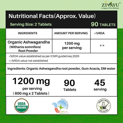 ZIVAYU Organic Ashwagandha Tablets 1200mg (600mg x 2 Per Serving) - Supports Stress & Anxiety Relief, Sleep & Muscle Recovery - USDA & India Organic Certified - Heavy Metal Tested - 90 Tablets