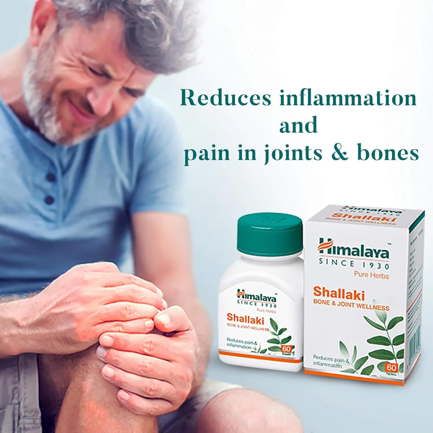 Man holding his knee with text about joint and bone health, Himalaya Shallaki product displayed.
