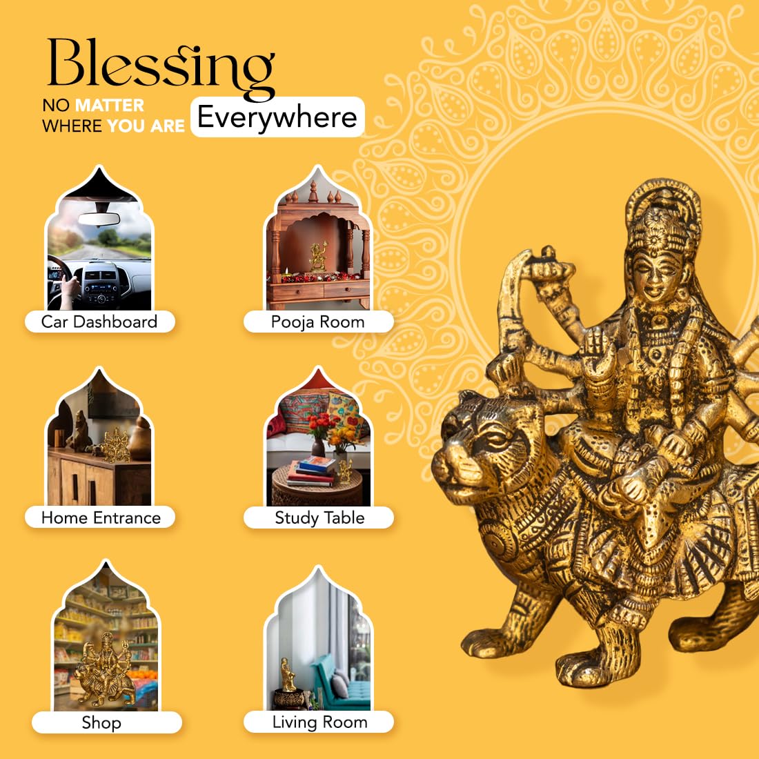 100% Pure Brass Durga Maa Idol (Size: 12.8 cm) | Durga MATA Murti for Home Decor & Puja Room | MATA Rani for Office Desk | Maa Durga for Gift | Sherawali Murti