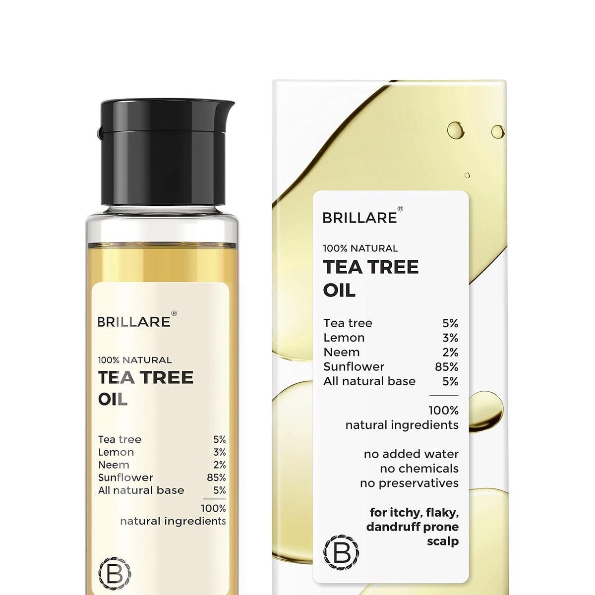 Brillare 5% Tea Tree Oil for Dandruff & Itchy Scalp | Removes Dandruff from Roots | 100% Natural, Preservative-Free with Tea Tree, Lemon & Neem