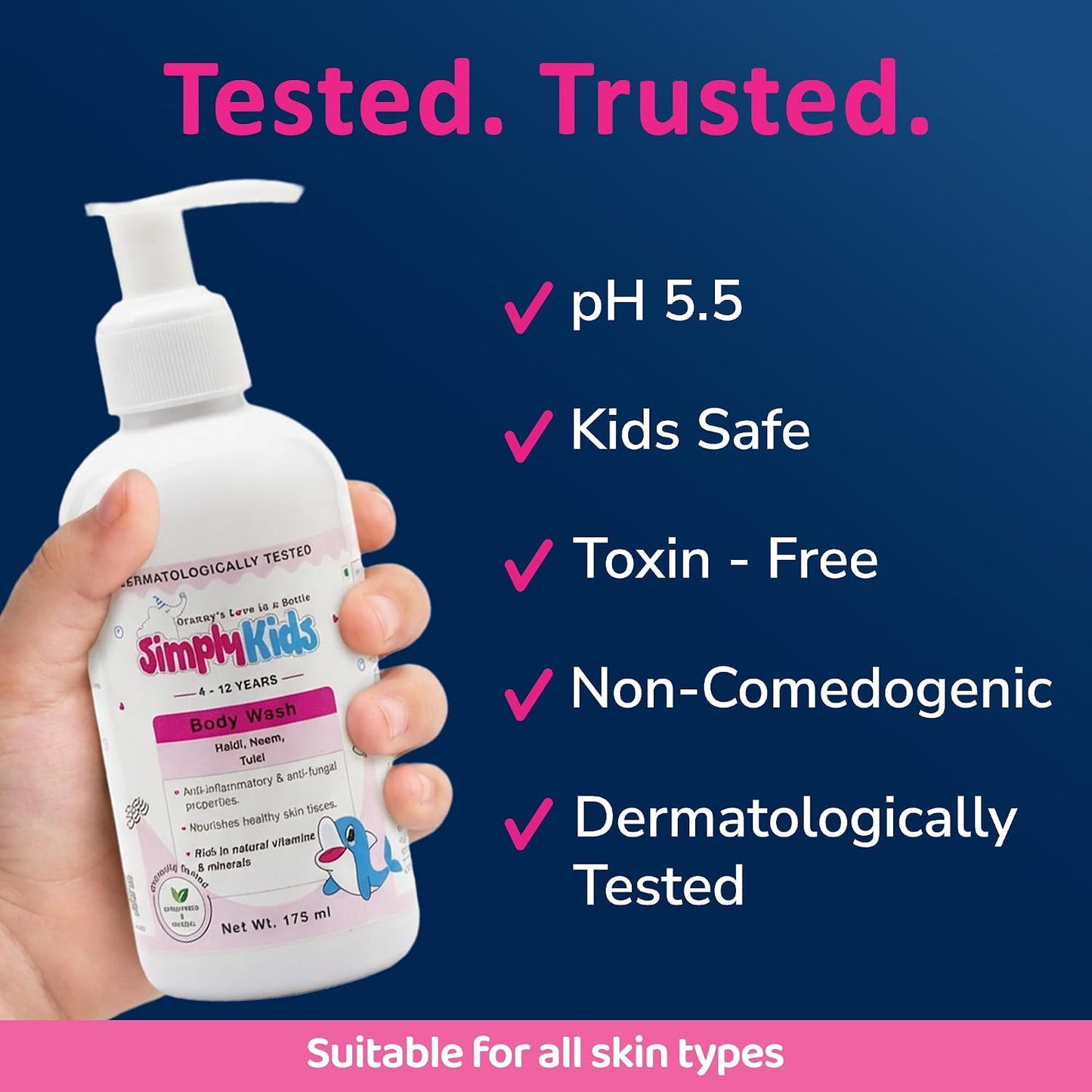 Simply Kids Body Wash for 4-12 Years | Aloe Vera, Grapeseed & Neem | Gentle, Hydrating & Nourishing | Soothes & Protects Skin | Hypoallergenic | Antibacterial & Antifungal | Dermatologically Tested | All Skin Types | 175ml