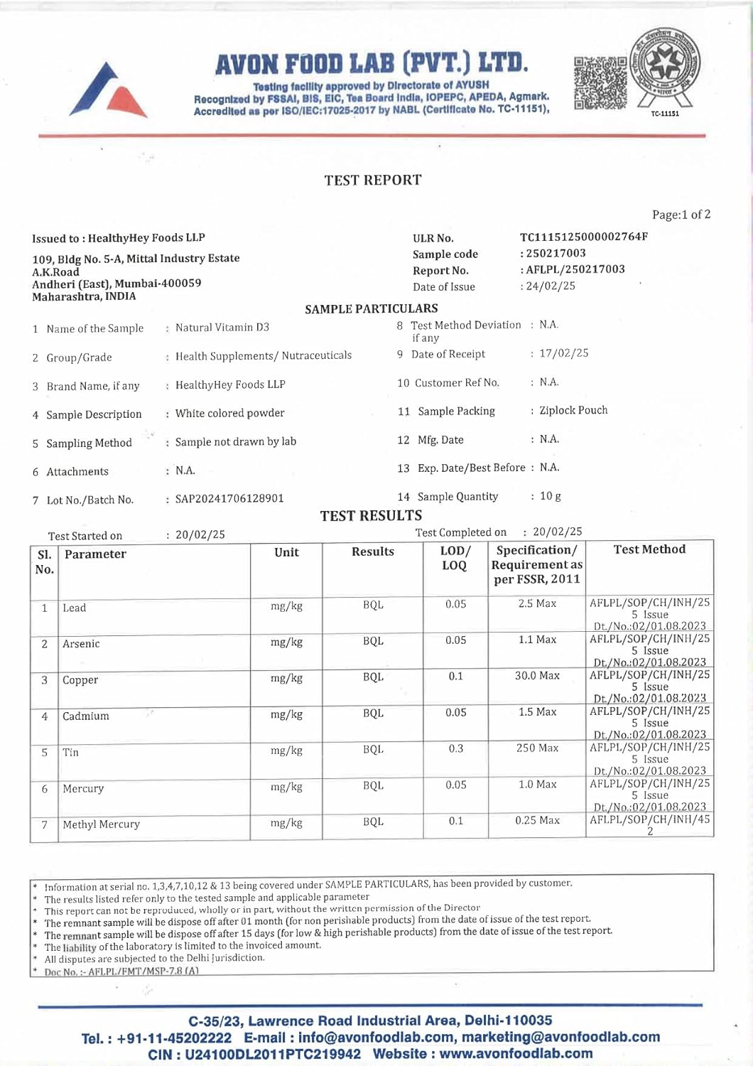 Avon Food Lab test report with various parameters and results.
