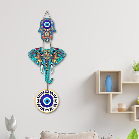 eCraftIndia Elephant Hamsa Hand Evil Eye Decorative Wooden Wall Hanging Decor | Home Decor Items | Wall Hanging for Living Room Bedroom Home Decoration | Wall Decor Gift for Housewarming Birthday
