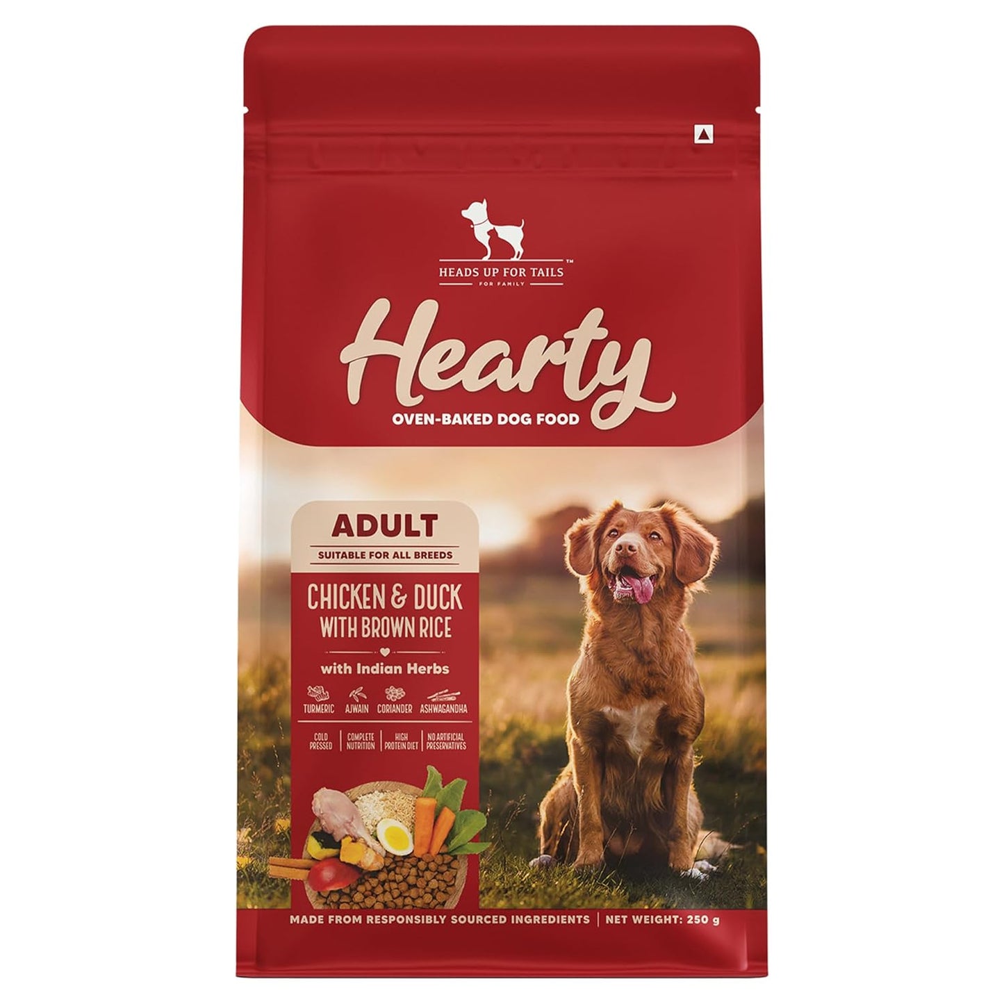 Hearty by HUFT Dry Dog Food for Adult Dogs | Oven-Baked Chicken & Duck with Brown Rice - 250 Gm | Natural, Complete & Balanced Pet Food | No Soy, Corn, GMO