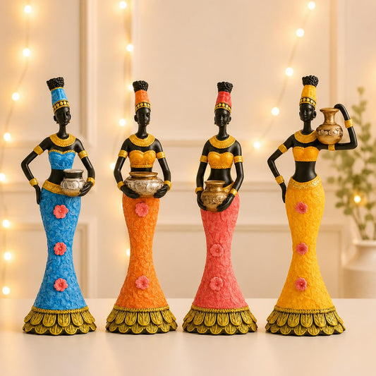 Vibrant African Women Figurines | Resin Home Decor Accents | Set of 4 Colorful Cultural Statues | Unique Art Pieces for Living Room, Office, or Gift | Traditional and Modern Design
