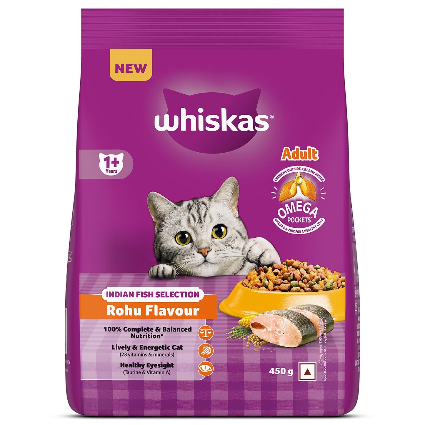 Whiskas Adult (1+ Years) Dry Cat Food, Rohu Fish Flavour, 450 g, Powered with 40 Essential Nutrients, Complete & Balanced Nutrition for Adult Cats