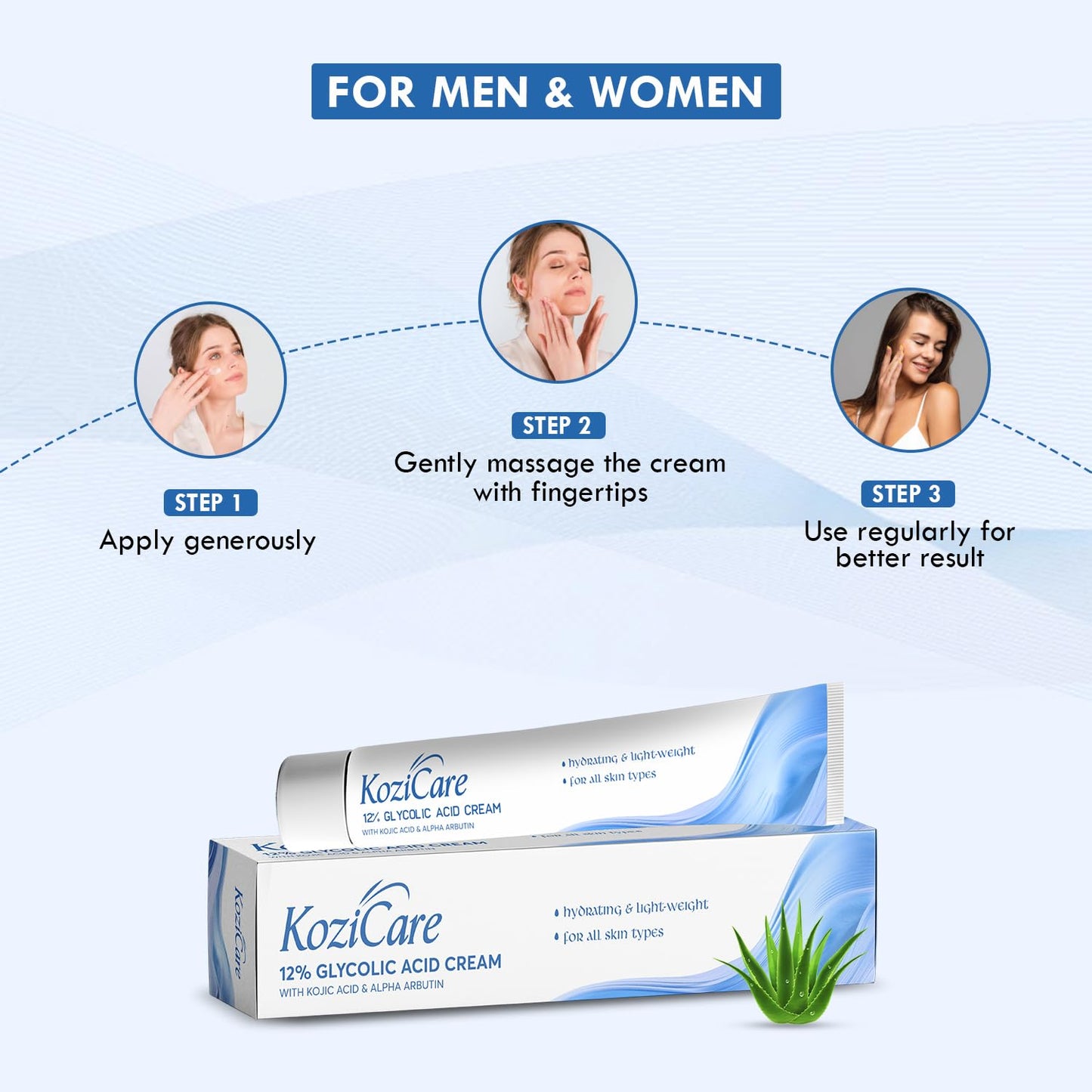 KoziCare 12% Glycolic Acid Cream packaging with usage instructions on a light blue background