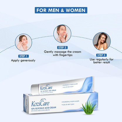 KoziCare 12% Glycolic Acid Cream packaging with usage instructions on a light blue background