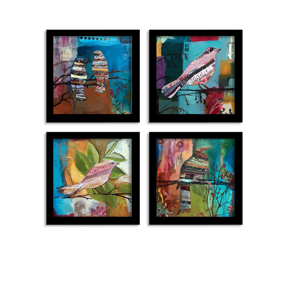 Multicolor Quotes Birds wall Art Painting for living room, Birds floral framed Painting, Set of 4, 9x9 Inch