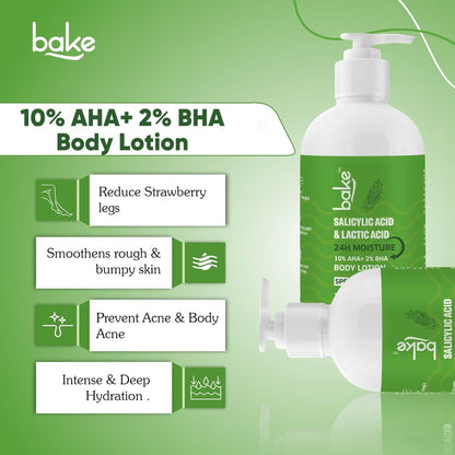 BAKE 10% AHA + 2% BHA Body Lotion SPF 30 PA+++ for Strawberry, Rough & Bumpy Skin | Lactic Acid & Niacinamide | 200ml