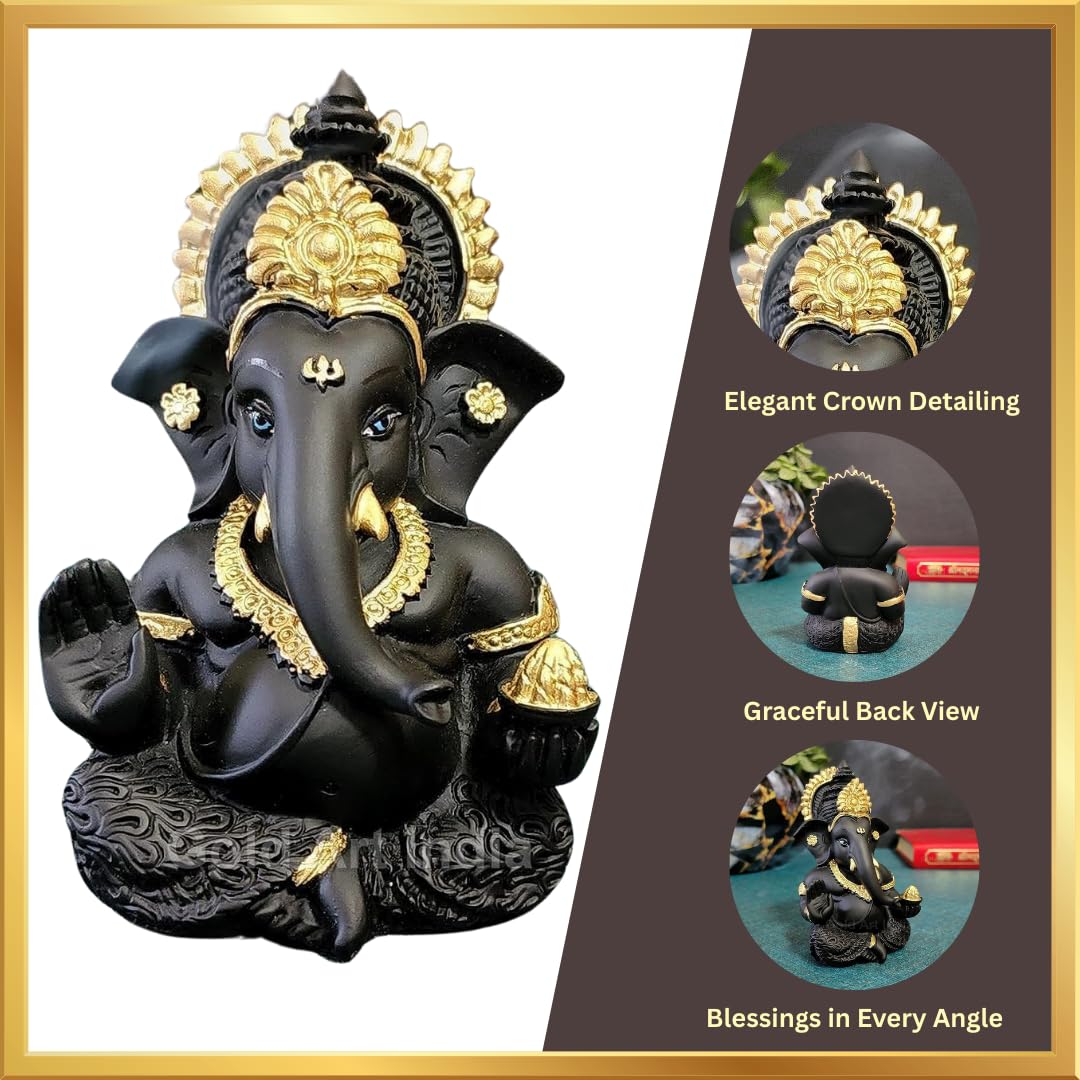 Gold Art India Terracotta Black Ganesh Idol for Car Dashboard Small Ganesha Murti Ganpati Idol for Home Decor Puja Lord Ganesh Statue Gift for Office Desk Puja Room Figurine 3.5 X 2 Inches, Idol