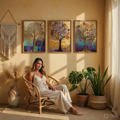 Abstract Tree Wall Painting Set of 3 with Wooden Frames | Modern Golden Tree Artwork HD Sparkle Laminated MDF Wall Decor | Elegant Nature Tree Wall Art for Living Room Bedroom