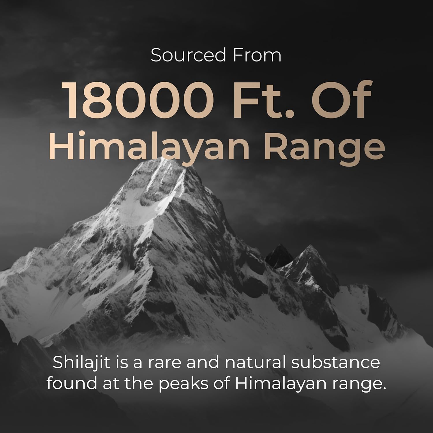 Mountain peak with text about Shilajit sourced from 18,000 feet of Himalayan Range.