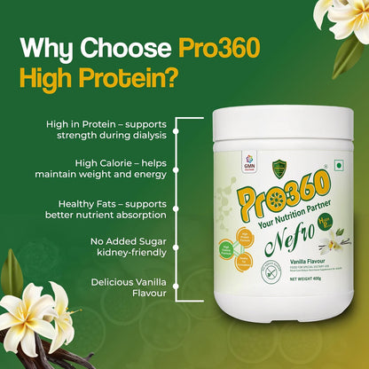 Pro360 Nefro HP Powder – Vanilla Flavour, 400g – High Protein Dialysis Care Nutritional Supplement for Renal Support – Vanilla Protein Powder with L-Taurine, L-Carnitine & Essential Nutrients