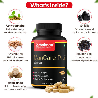 ManCare Pro Capsules for Men – 30 Capsules | With Shilajit, Ashwagandha, Kaunch Beej, Safed Musli & Vaidarikand | Ayurvedic Supplement for Strength, Stamina & Vitality