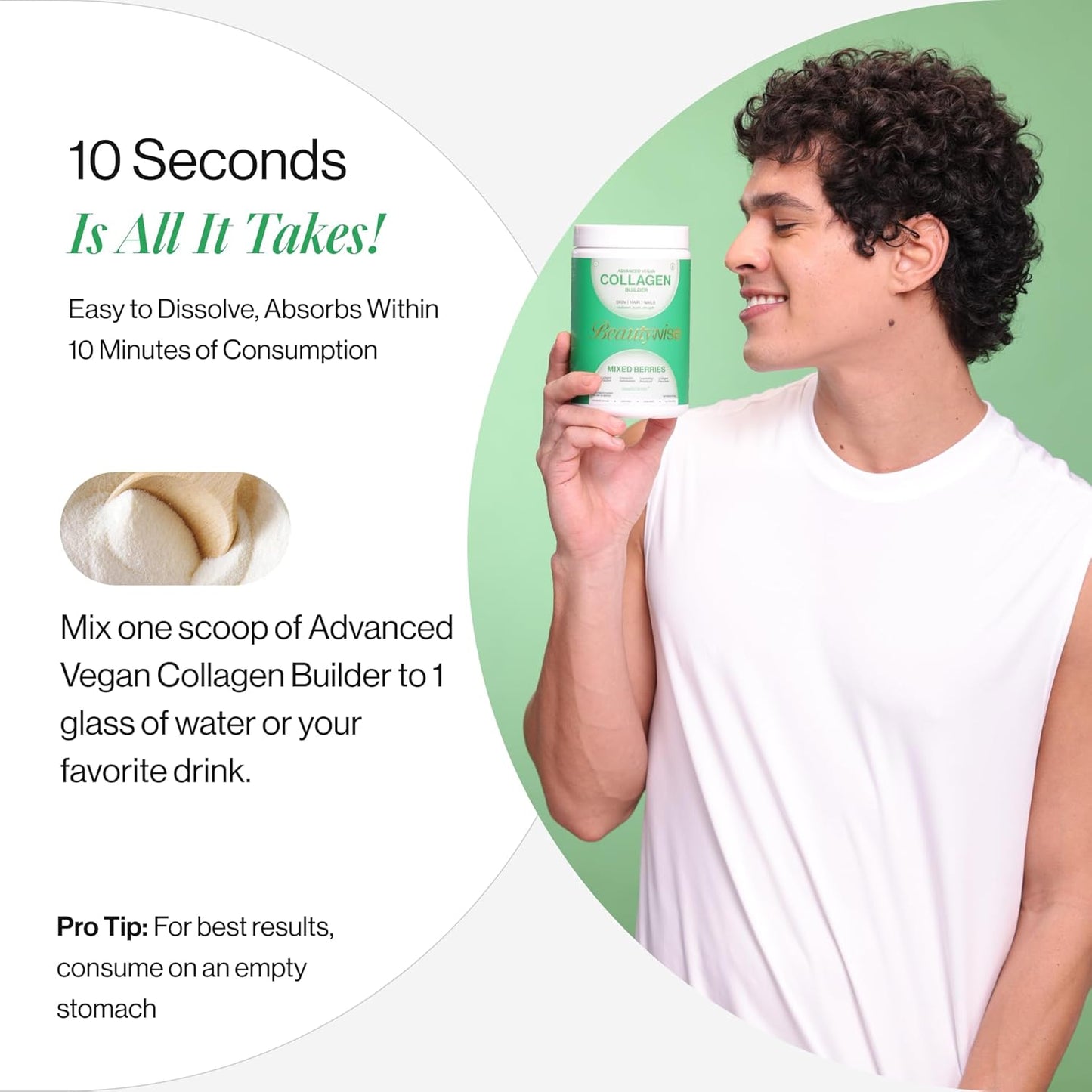 Person holding a container of Advanced Vegan Collagen Builder with text on a green background