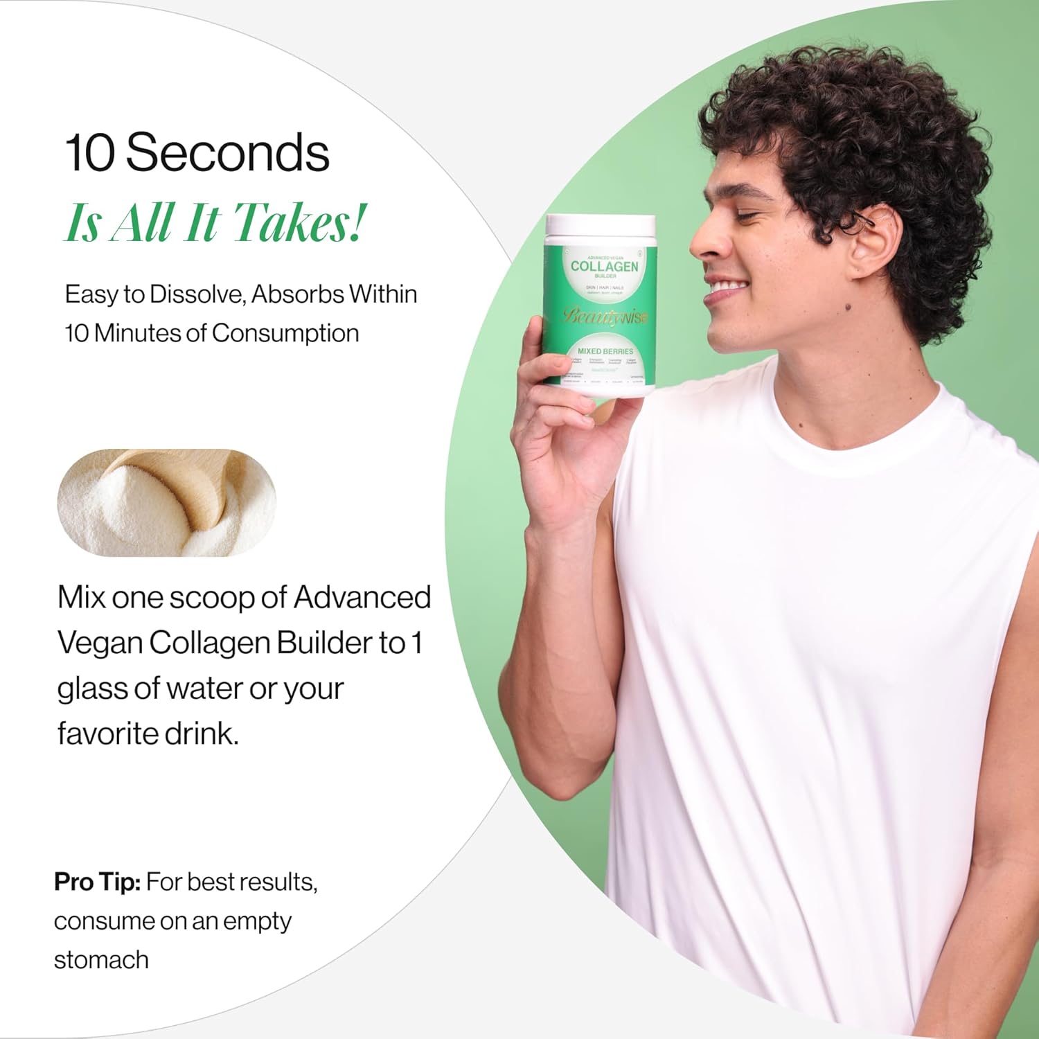 Person holding a container of Advanced Vegan Collagen Builder with text on a green background