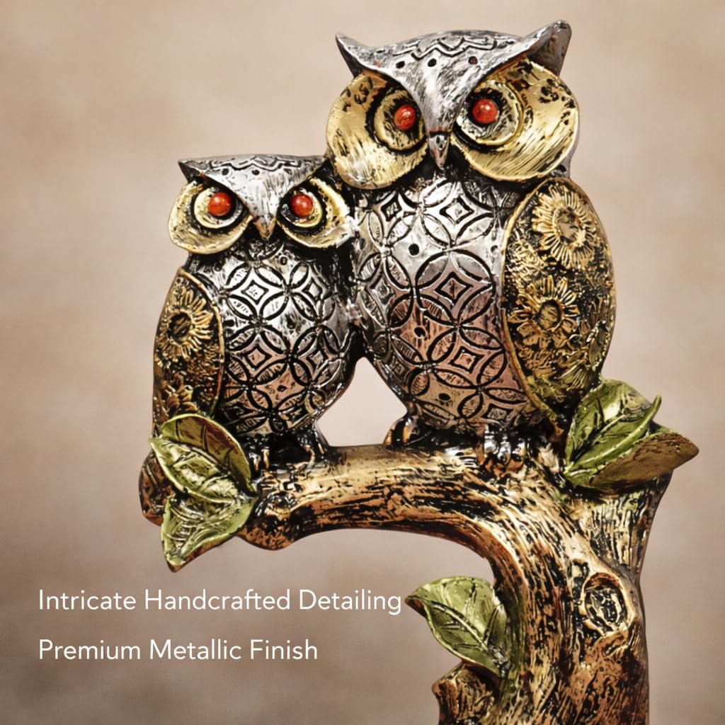 Resin Owl Pair Statue Sitting On Tree - Home Decor/Office Table Top Decoration/Living Room/Garden Showpiece/Gift Item - Pack Of 1 (Design 1), Multicolour