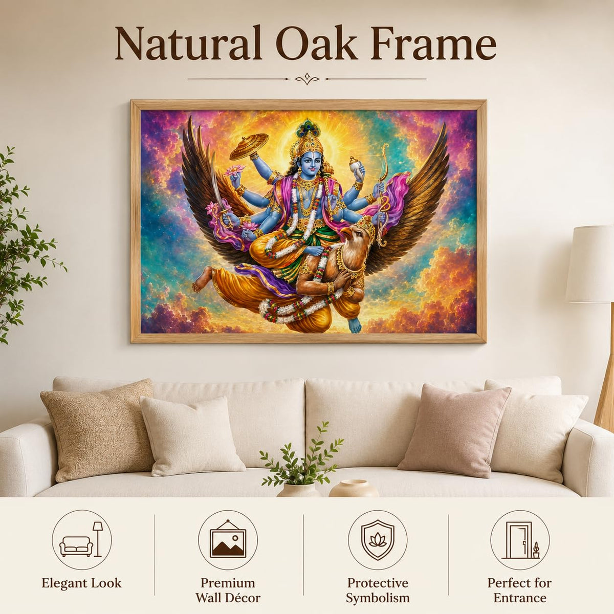 Lord Vishnu Garuda Vastu Devotional Wall Painting for Living Room Bedroom Hall Office Decor, Hindu Spiritual Artwork, Premium Wooden Synthetic Frame (13.5 x 19.5 Inch) NM01-V-165