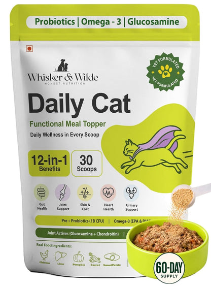 Whisker and Wilde Daily Cat Supplement | Probiotics, Omega-3, Multivitamin, Taurine | Supports Gut, Urinary, Skin & Coat, Joint & Immunity Health, Human-Grade Chicken, All Life Stages, 300g