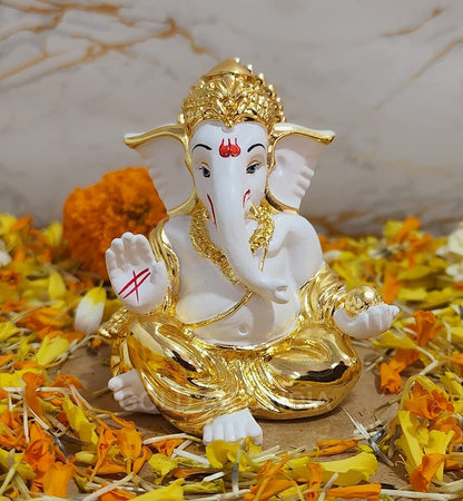 Gold Art India Gold Plated Gaddi Ganesha for Car Dashboard Home Decor Gifting Diwali Birthday Festivals (GAADDIGOLDWHITE)
