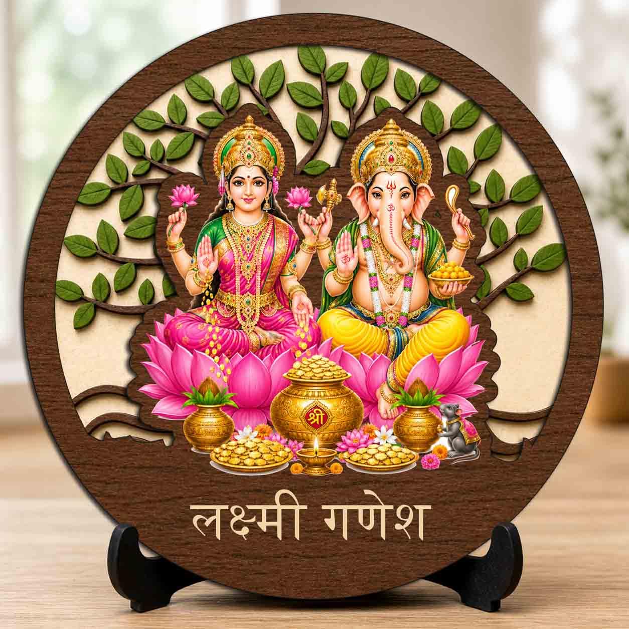 Plan To Gift Lakshmi Ganesh Wooden Murti for Home Mandir, Prayer Room, Table Top Decor & Spiritual Gifting - 5x5 Inch