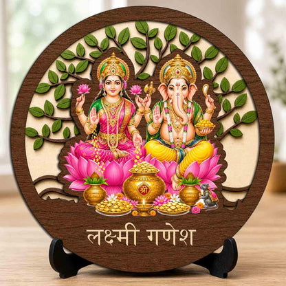 Plan To Gift Lakshmi Ganesh Wooden Murti for Home Mandir, Prayer Room, Table Top Decor & Spiritual Gifting - 5x5 Inch