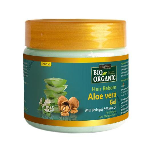Jar of Bio Organic Aloe vera gel with a gold lid on a white background